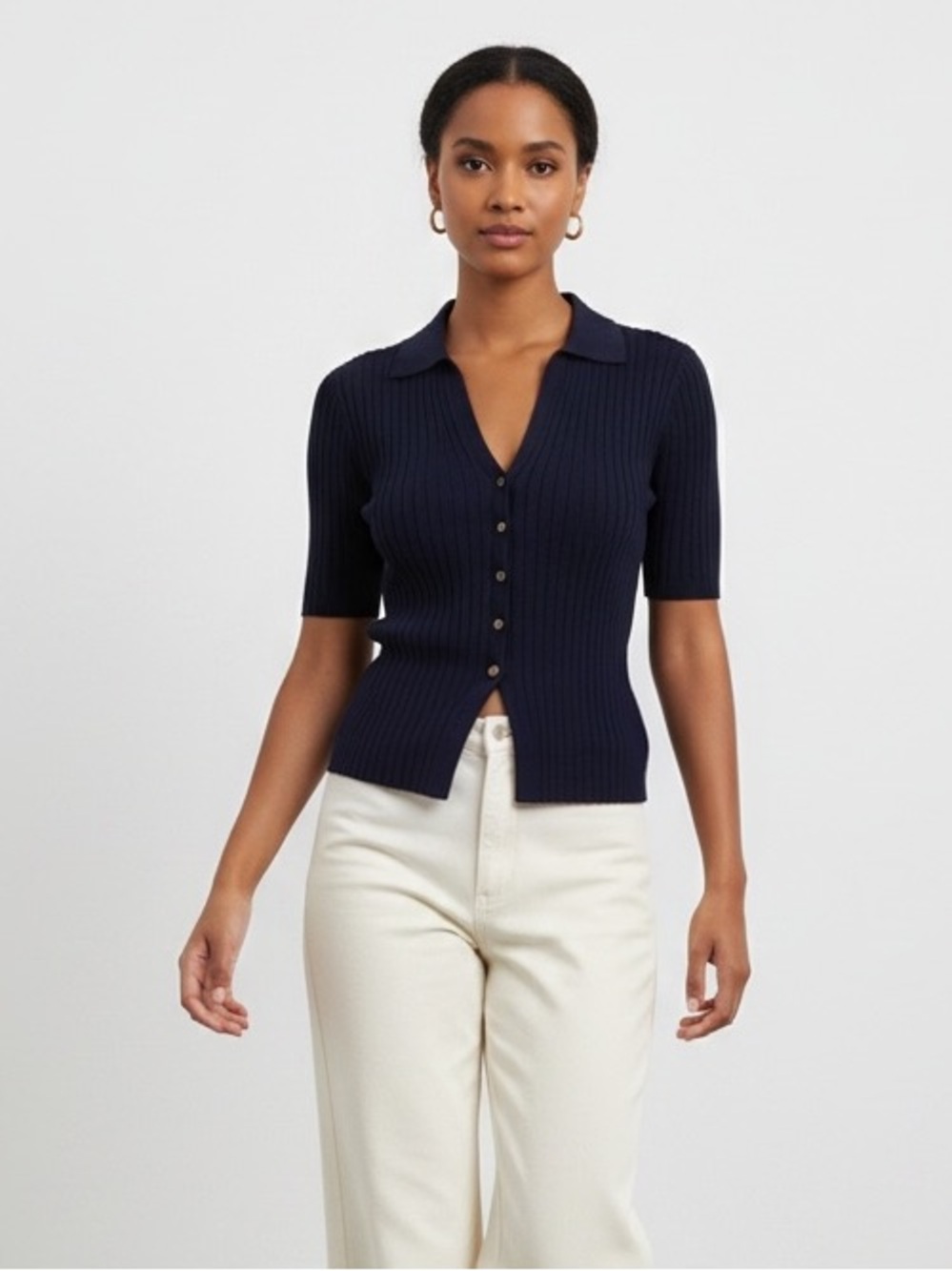 1586 • Navy Viscose Blend Rib-knit V Neck Collared Button Up Top